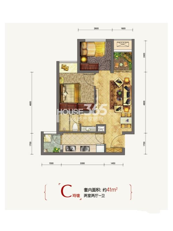 万科金域学府一期翰林组团装修高层标准层玲珑c户型2室2厅1卫1厨 41.