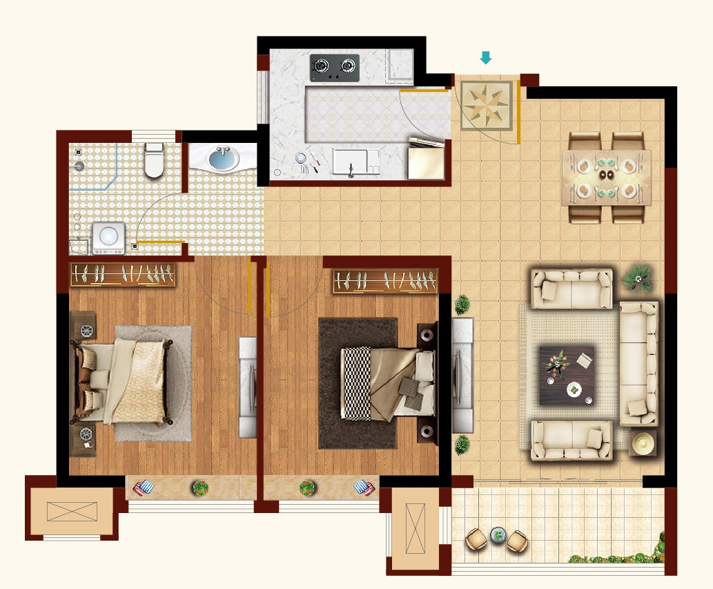高层G5户型 90平米 两室两厅一卫
